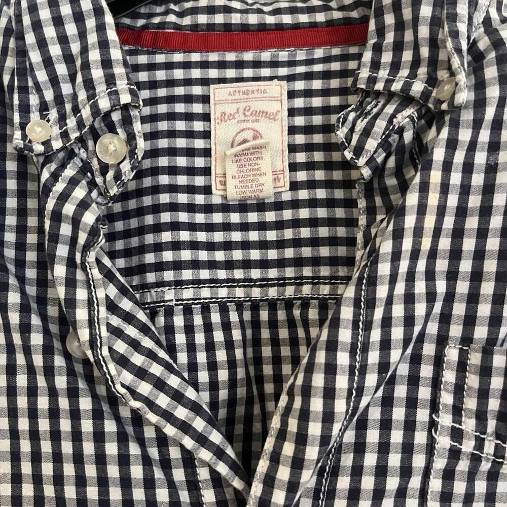 Red Camel Shirt‎ Mens Large Gingham Long Sleeve Button Front Casual White Stitch